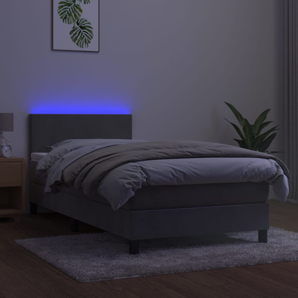 világosszürke bársony rugós és LED-es ágy matraccal 90x200 cm