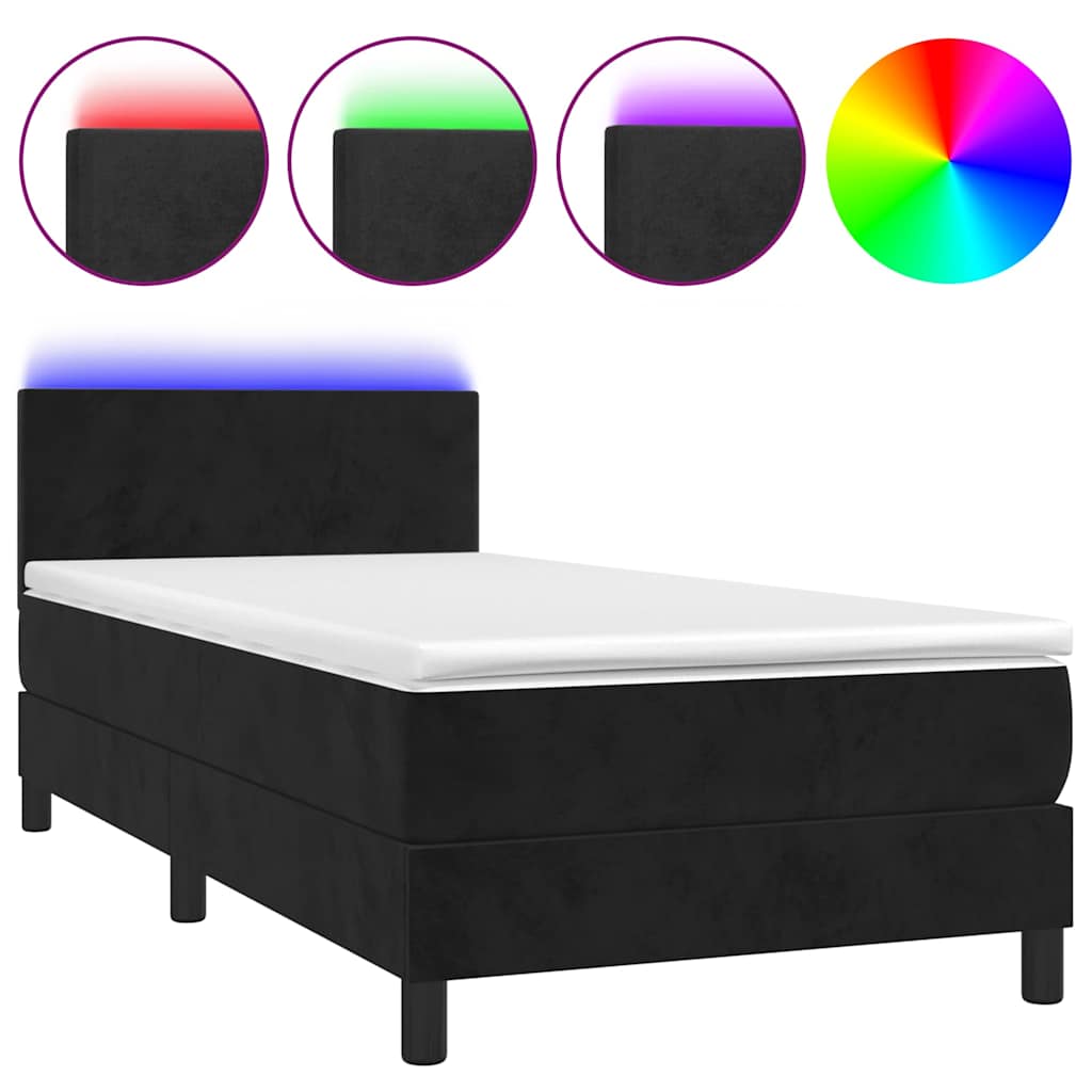 fekete bársony rugós és LED-es ágy matraccal 90x200 cm