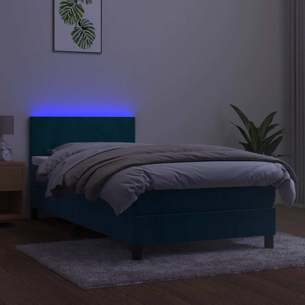 sötétkék bársony rugós és LED-es ágy matraccal 90x200 cm