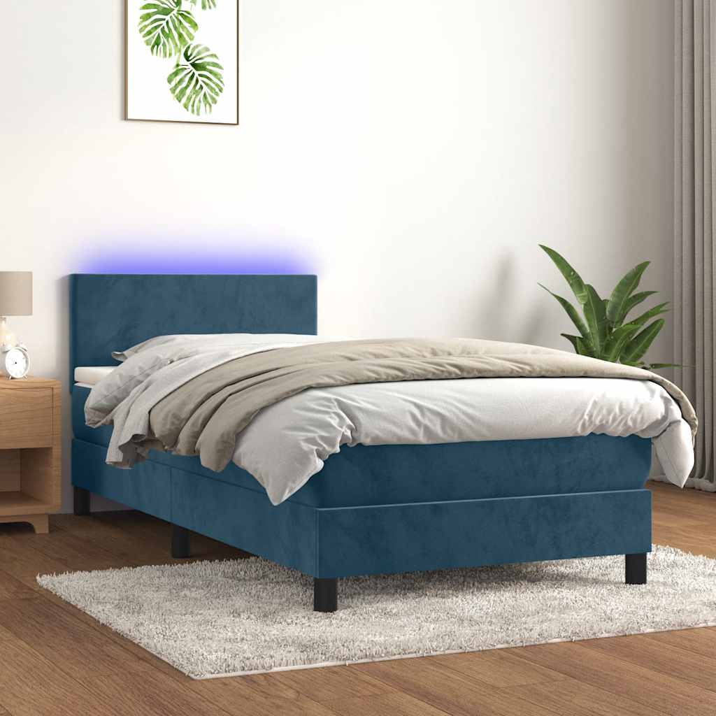 sötétkék bársony rugós és LED-es ágy matraccal 90x200 cm