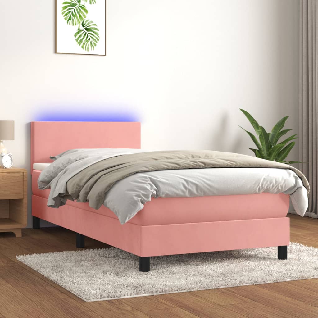 rózsaszín bársony rugós és LED-es ágy matraccal 90x200 cm
