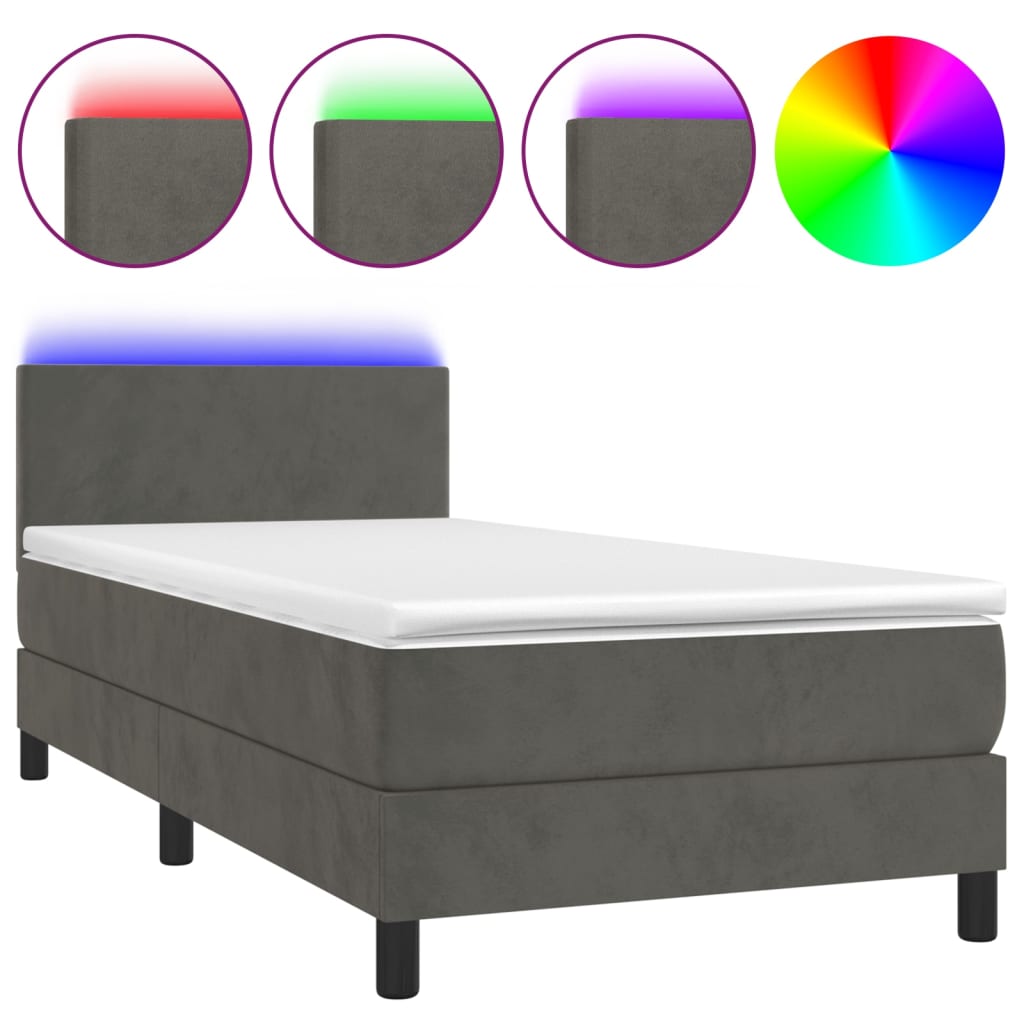 sötétszürke bársony rugós és LED-es ágy matraccal 100x200 cm