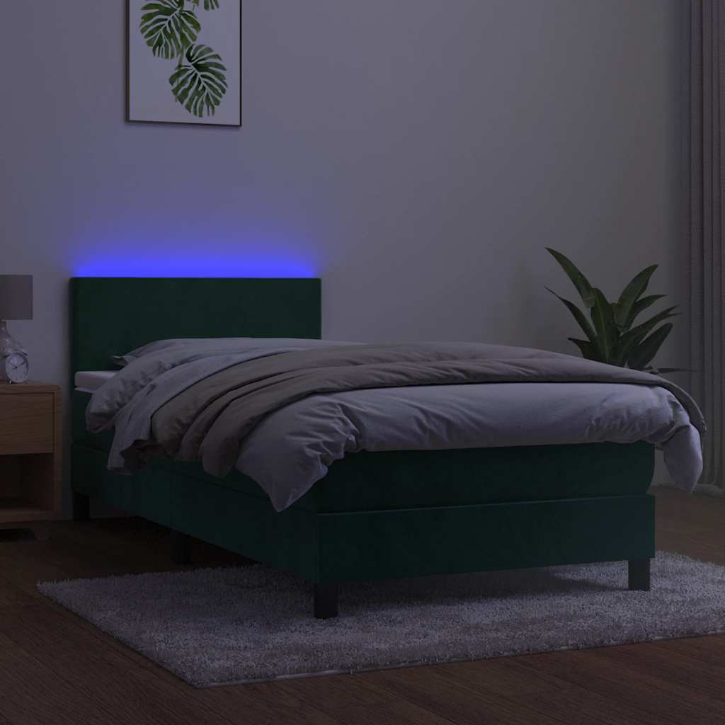 sötétzöld bársony rugós és LED-es ágy matraccal 100x200 cm