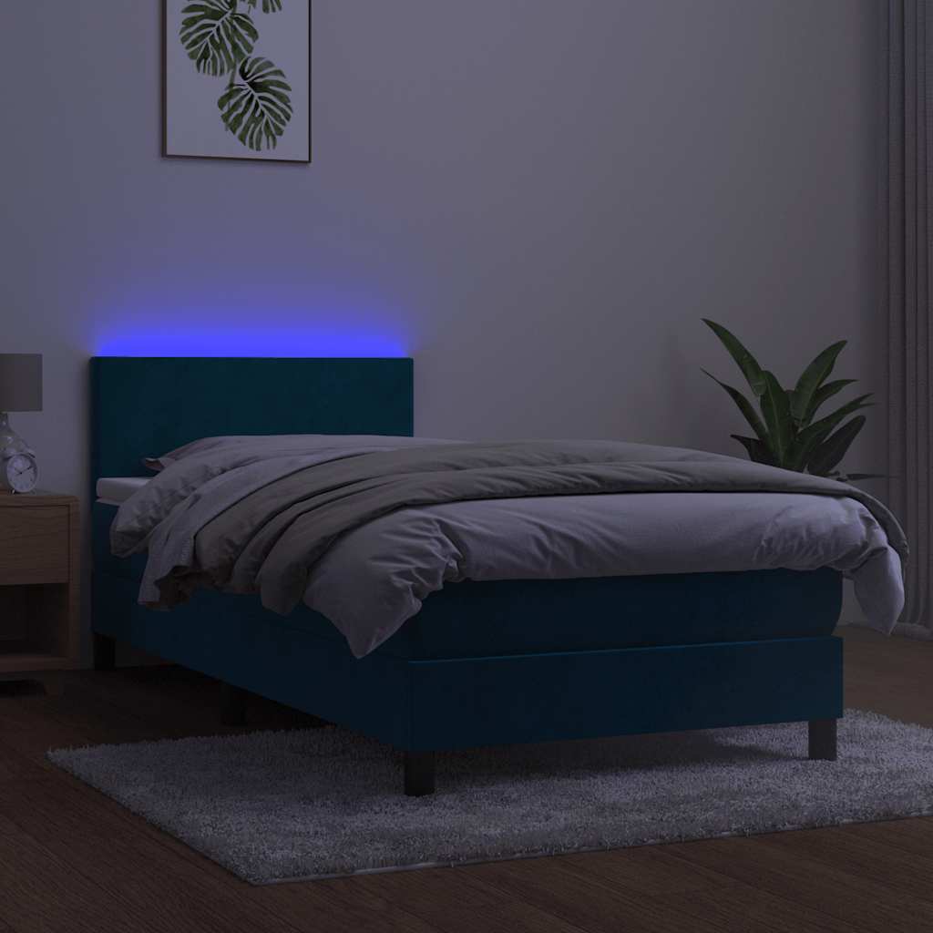 sötétkék bársony rugós és LED-es ágy matraccal 100x200 cm
