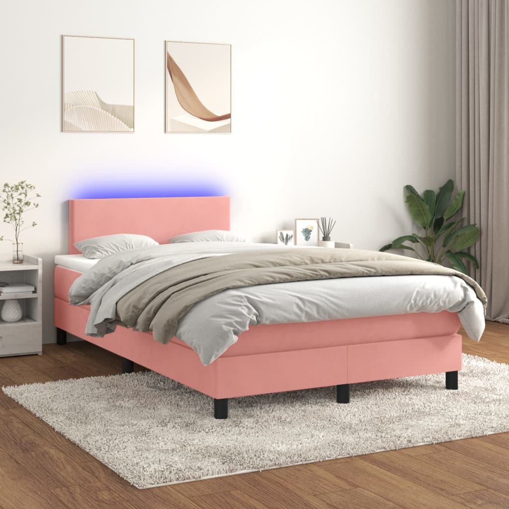 rózsaszín bársony rugós és LED-es ágy matraccal 120x200 cm