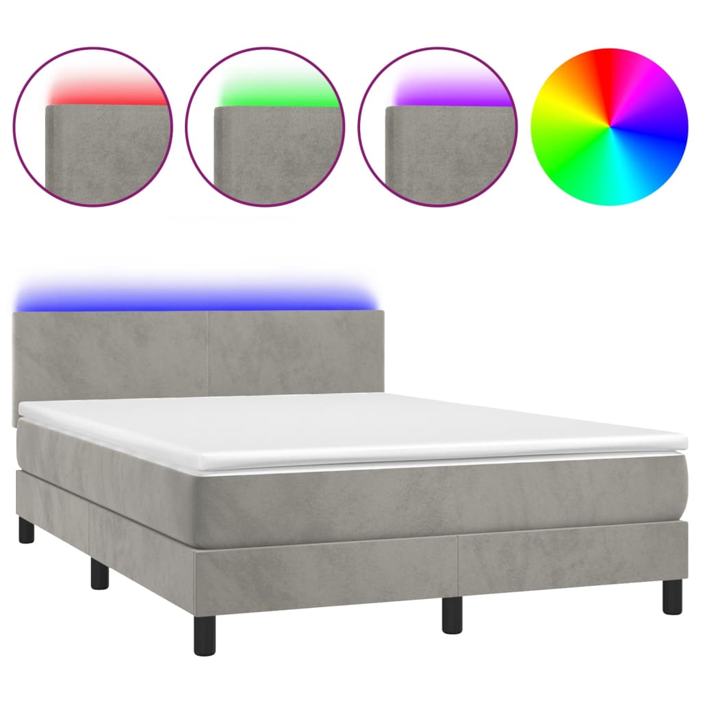 világosszürke bársony rugós és LED-es ágy matraccal 140x190 cm