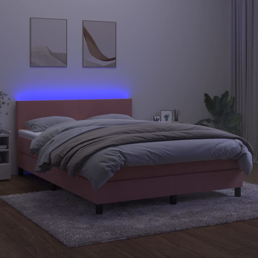 rózsaszín bársony rugós és LED-es ágy matraccal 140x190 cm