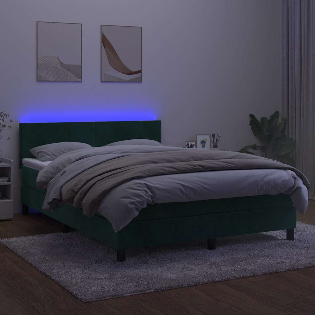sötétzöld bársony rugós és LED-es ágy matraccal 140x200 cm