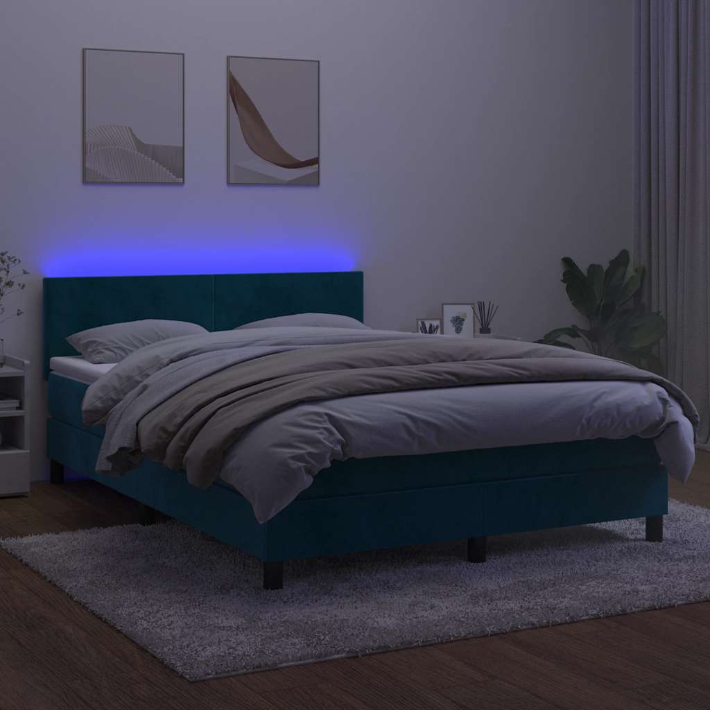 sötétkék bársony rugós és LED-es ágy matraccal 140x200 cm