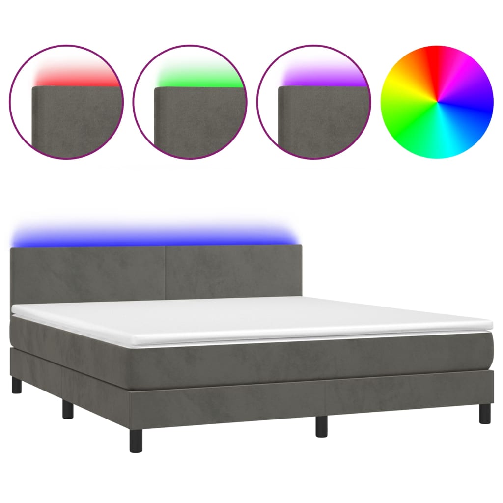 sötétszürke bársony rugós és LED-es ágy matraccal 160x200 cm