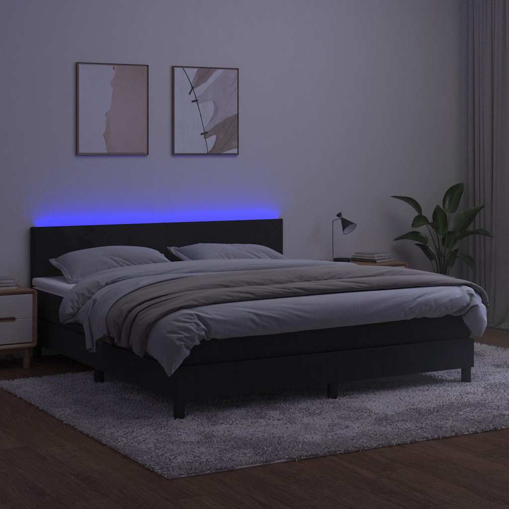 fekete bársony rugós és LED-es ágy matraccal 160x200 cm