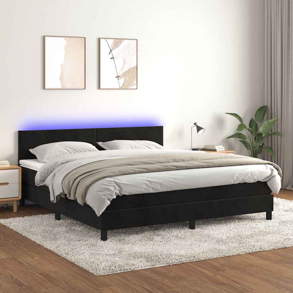 fekete bársony rugós és LED-es ágy matraccal 160x200 cm