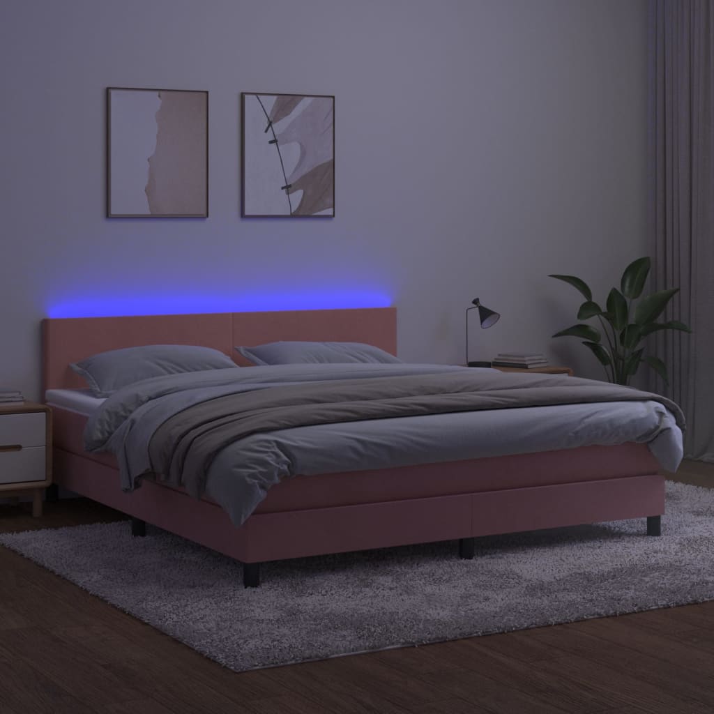 rózsaszín bársony rugós és LED-es ágy matraccal 160x200 cm