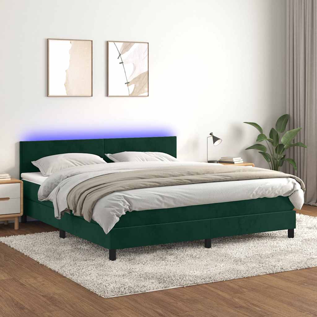 sötétzöld bársony rugós és LED-es ágy matraccal 180x200 cm