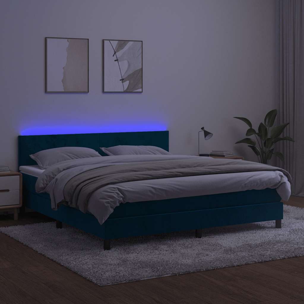 sötétkék bársony rugós és LED-es ágy matraccal 180x200 cm