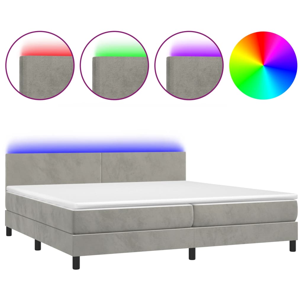 világosszürke bársony rugós és LED-es ágy matraccal 200x200 cm