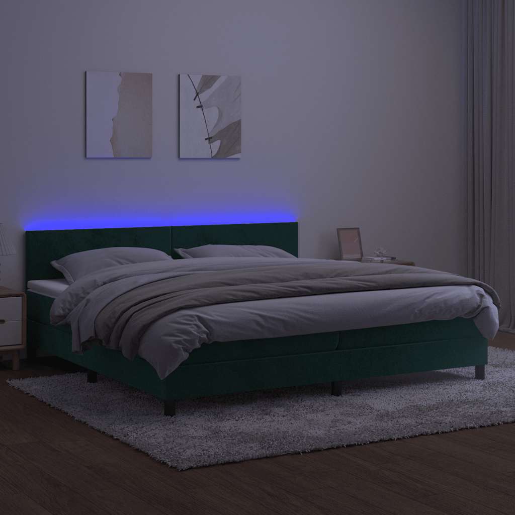 sötétzöld bársony rugós és LED-es ágy matraccal 200x200 cm