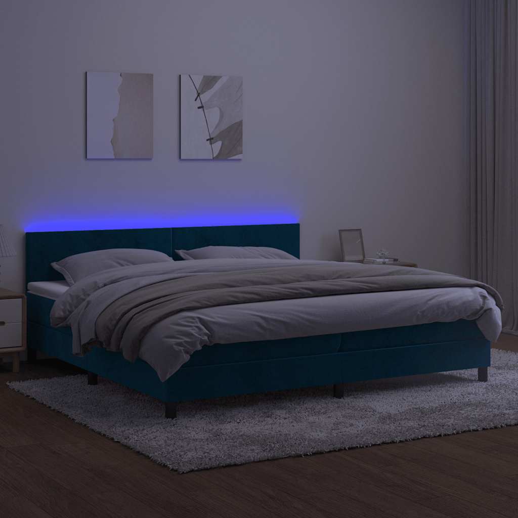 sötétkék bársony rugós és LED-es ágy matraccal 200x200 cm