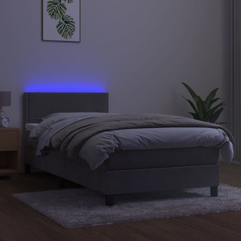 világosszürke bársony rugós és LED-es ágy matraccal 80 x 200 cm