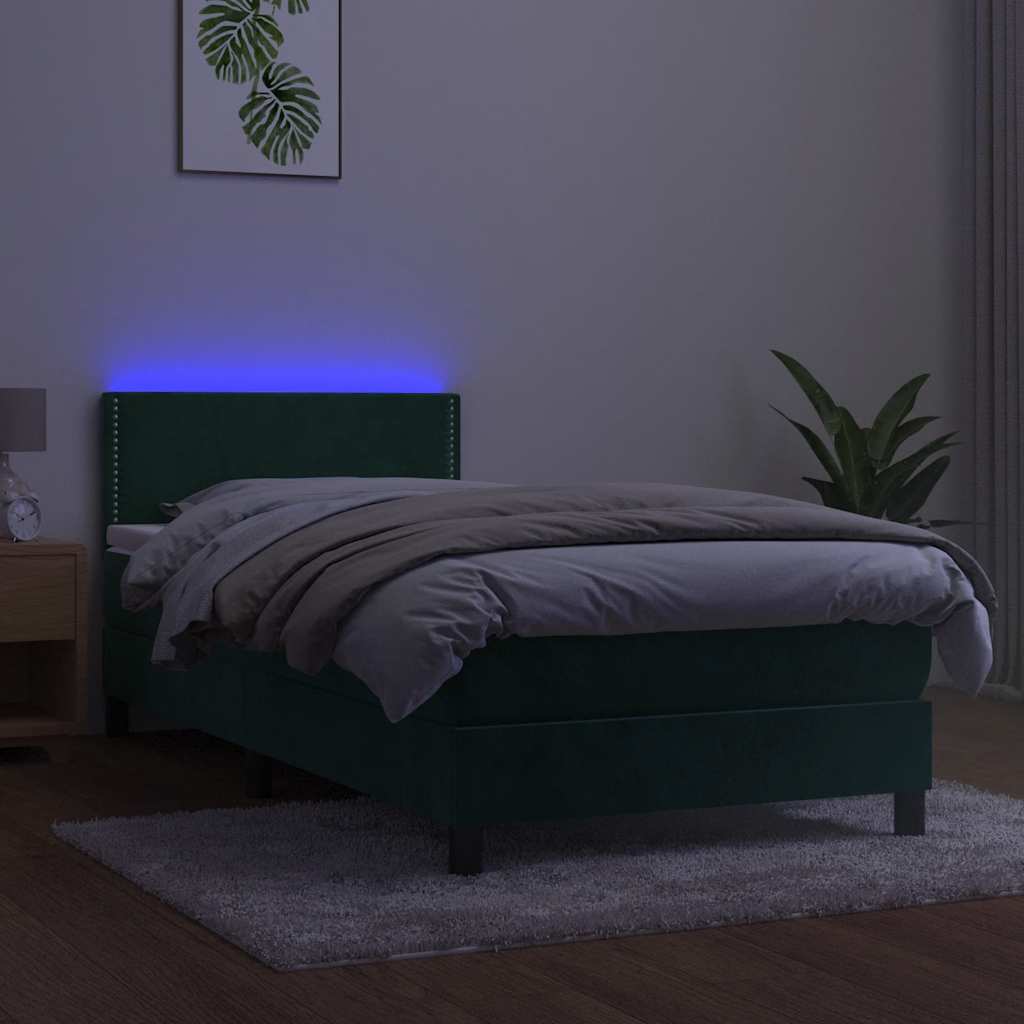 sötétzöld bársony rugós és LED-es ágy matraccal 80 x 200 cm