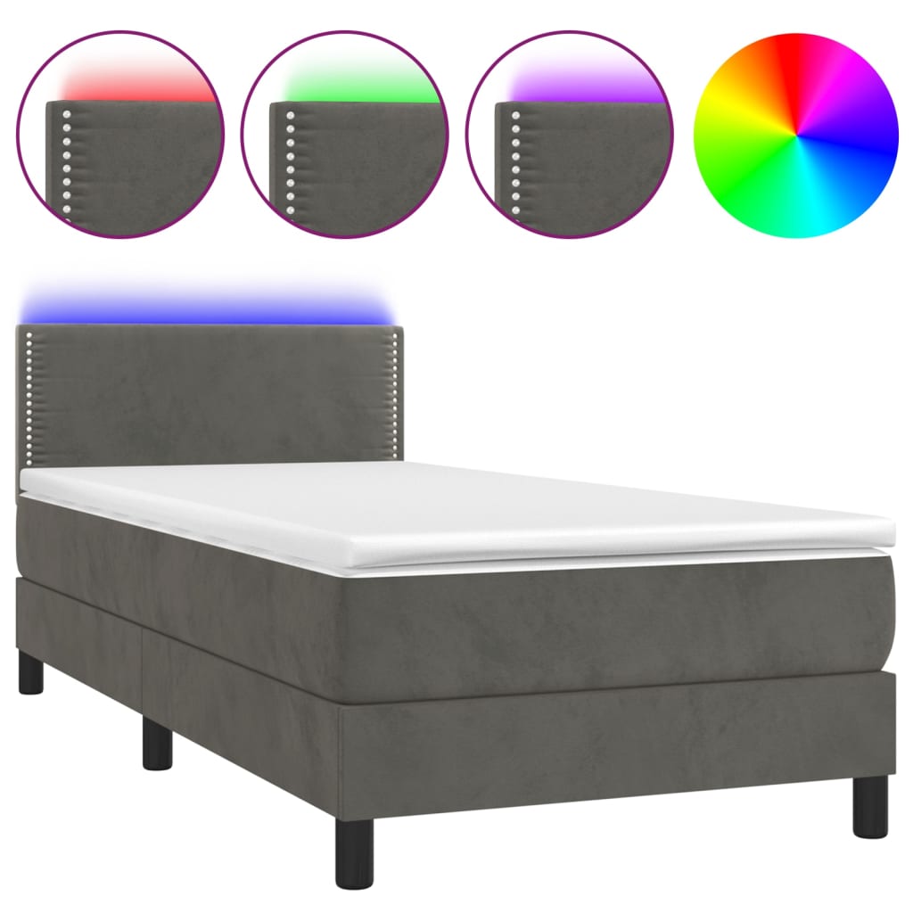 sötétszürke bársony rugós és LED-es ágy matraccal 90x190 cm