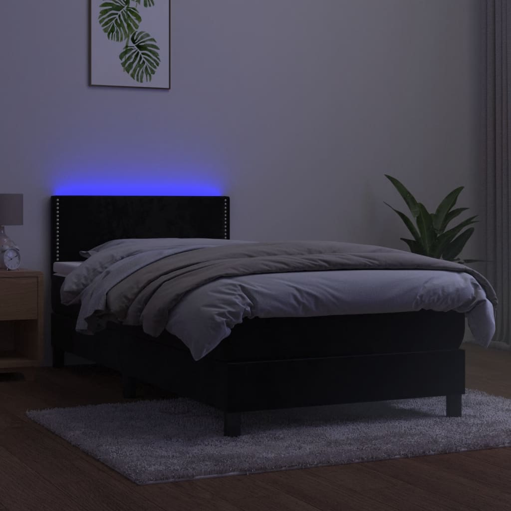 fekete bársony rugós és LED-es ágy matraccal 90x190 cm