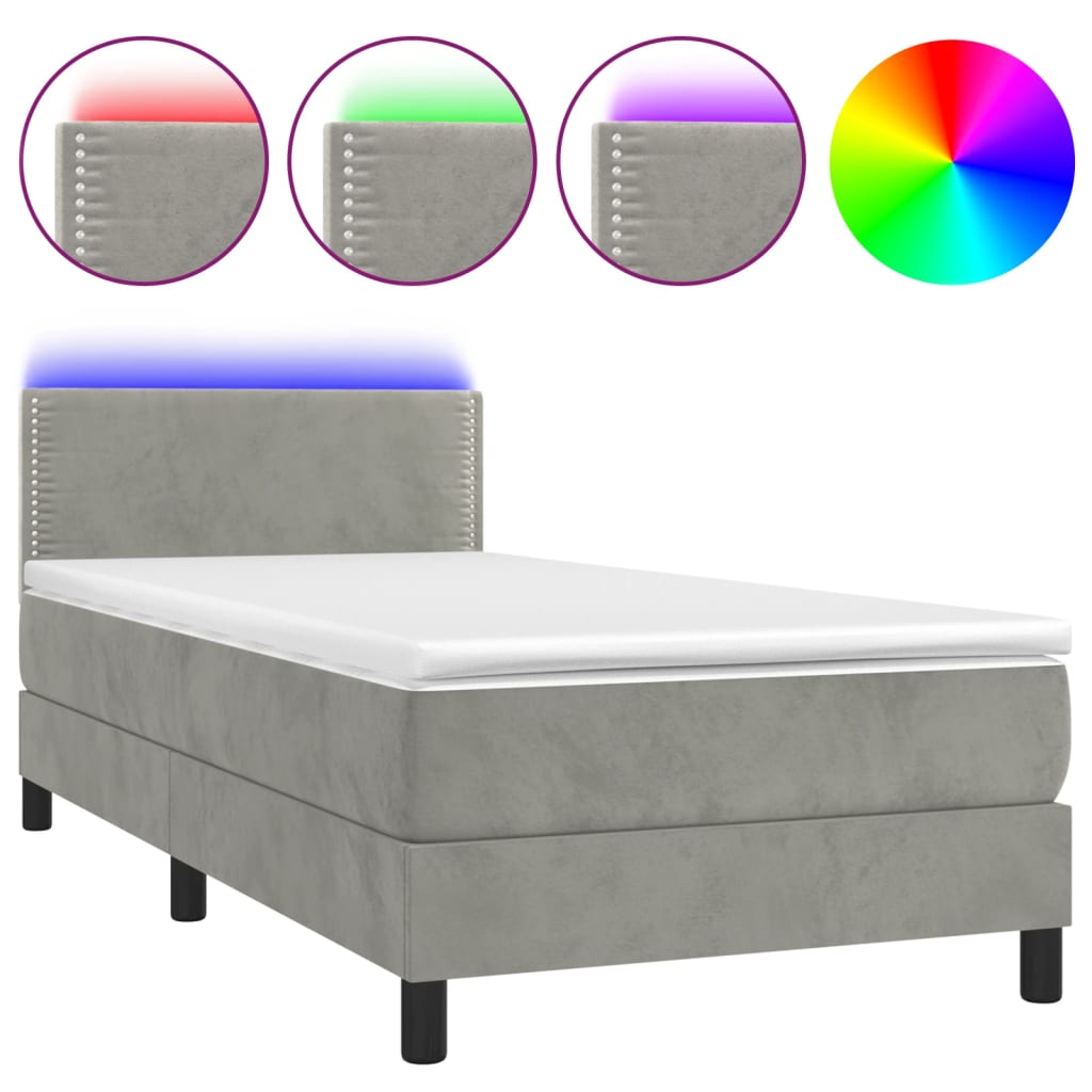 világosszürke bársony rugós és LED-es ágy matraccal 90x200 cm