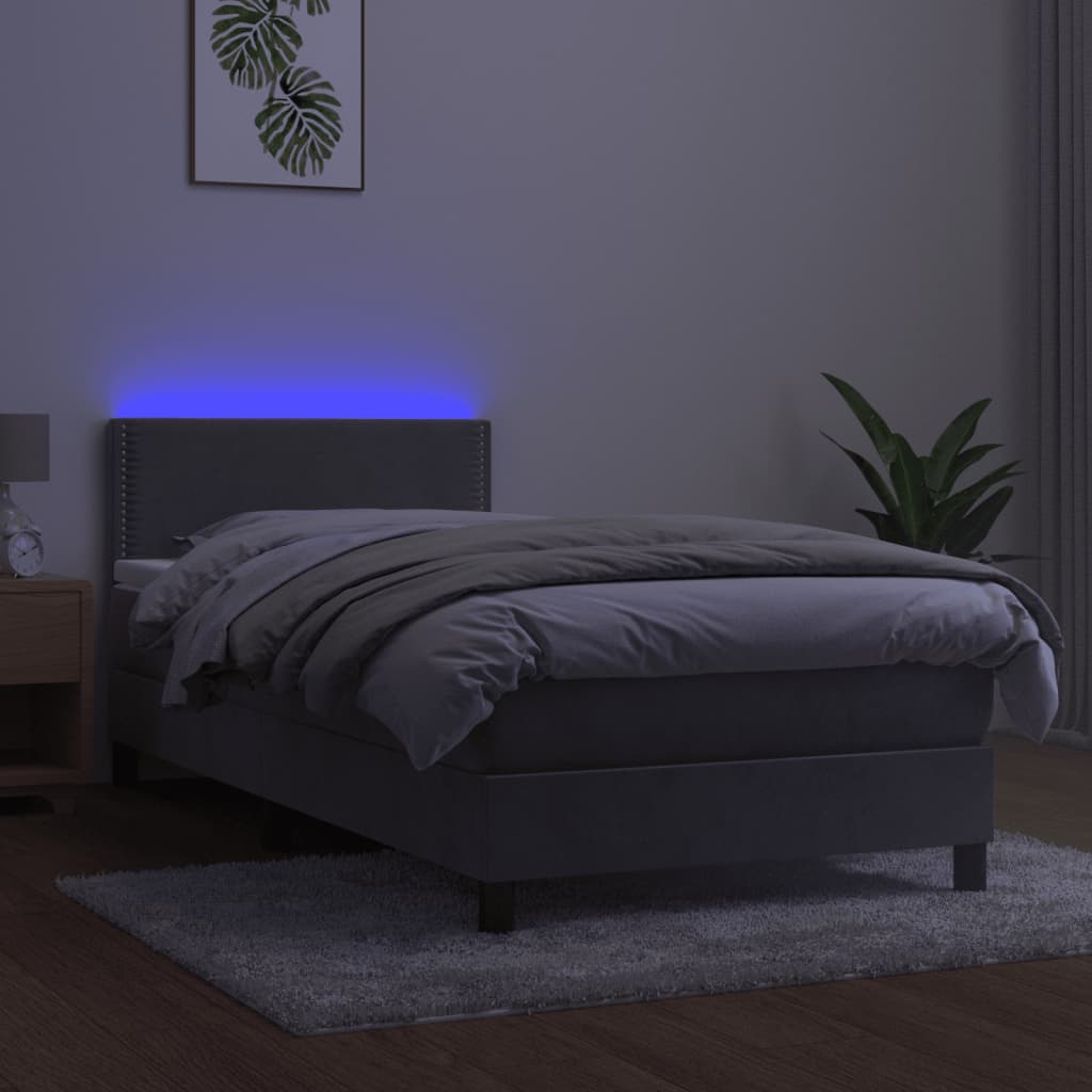 világosszürke bársony rugós és LED-es ágy matraccal 90x200 cm