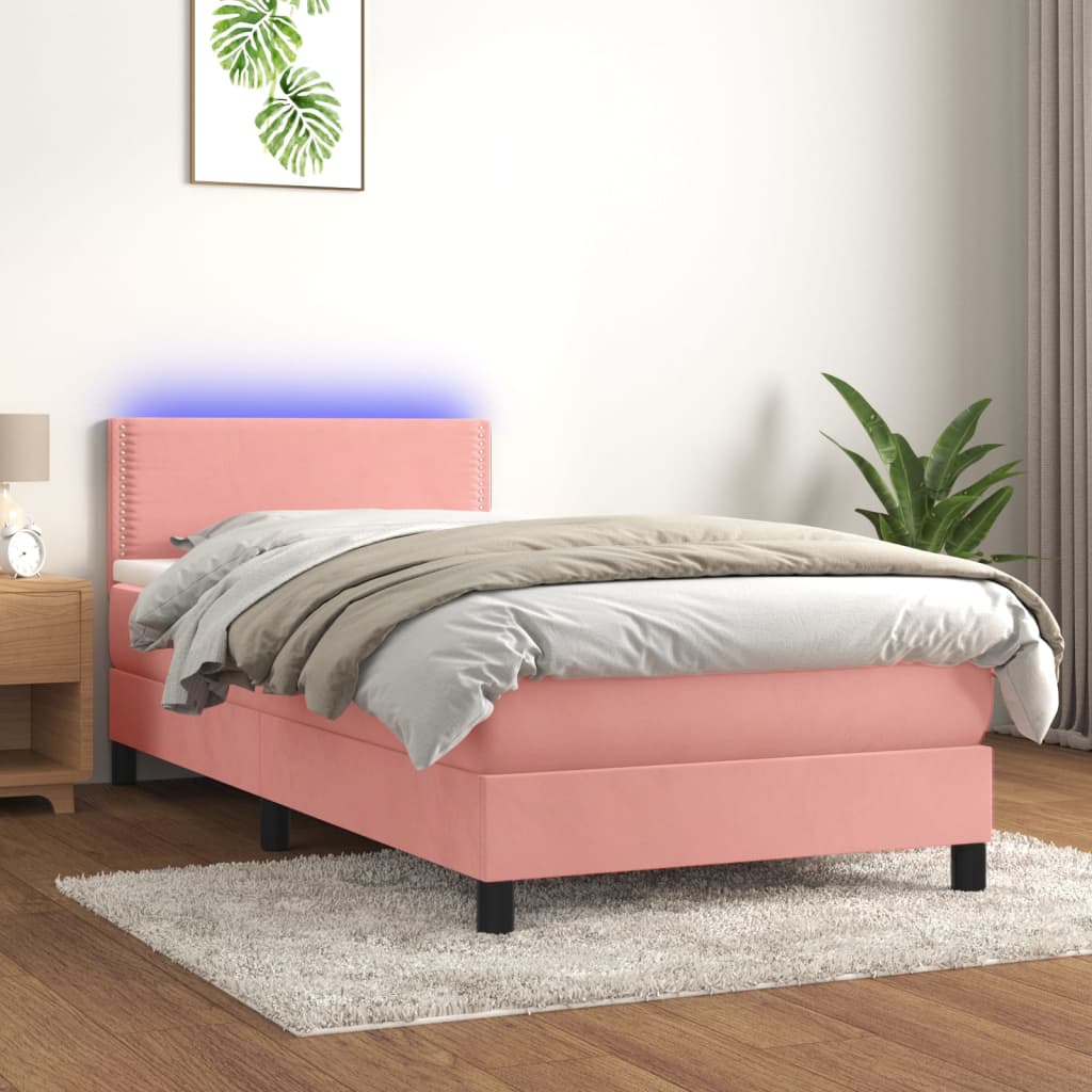 rózsaszín bársony rugós és LED-es ágy matraccal 100x200 cm