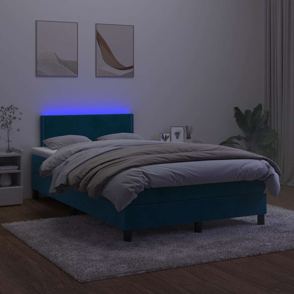 sötétkék bársony rugós és LED-es ágy matraccal 120x200 cm