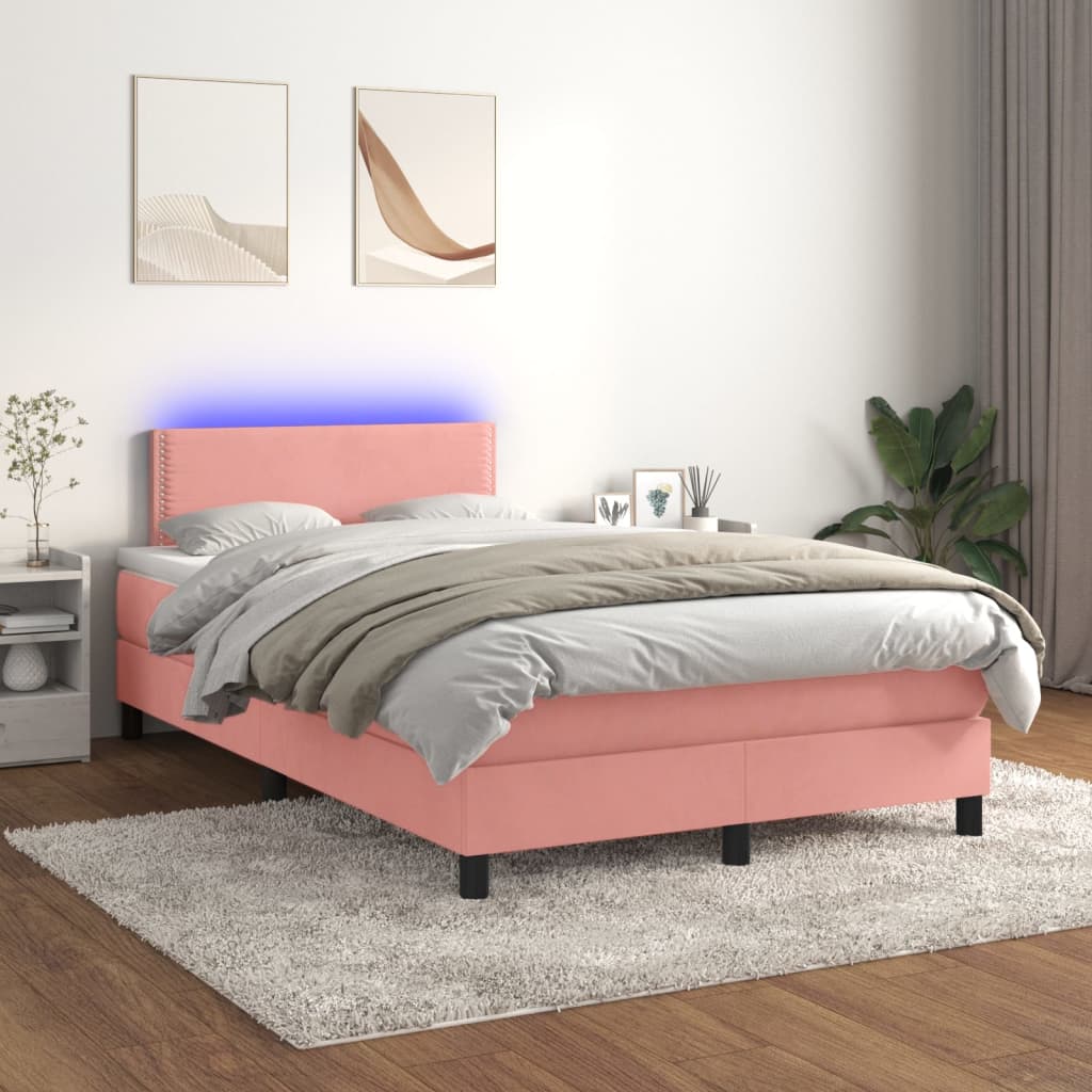 rózsaszín bársony rugós és LED-es ágy matraccal 120x200 cm