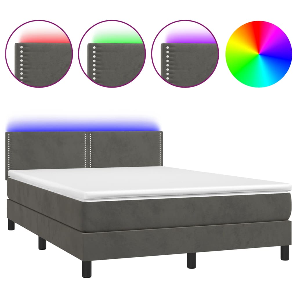 sötétszürke bársony rugós és LED-es ágy matraccal 140x190 cm