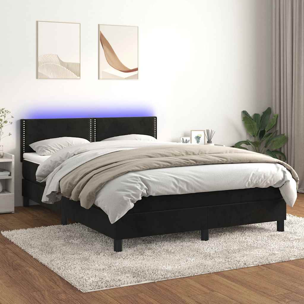 fekete bársony rugós és LED-es ágy matraccal 140x200 cm