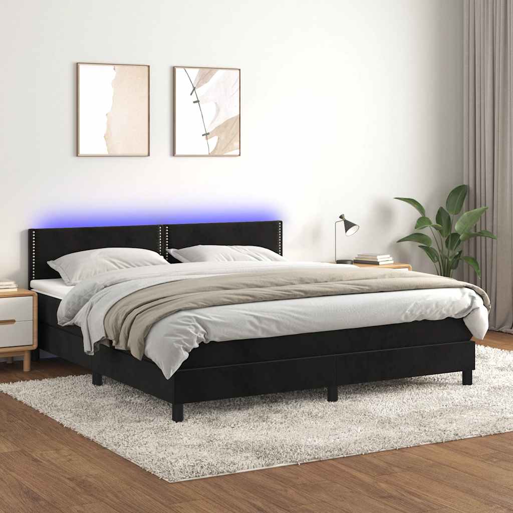 fekete bársony rugós és LED-es ágy matraccal 160x200 cm