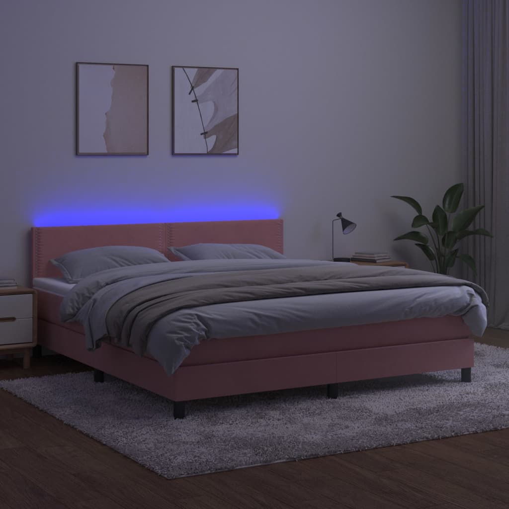 rózsaszín bársony rugós és LED-es ágy matraccal 160x200 cm