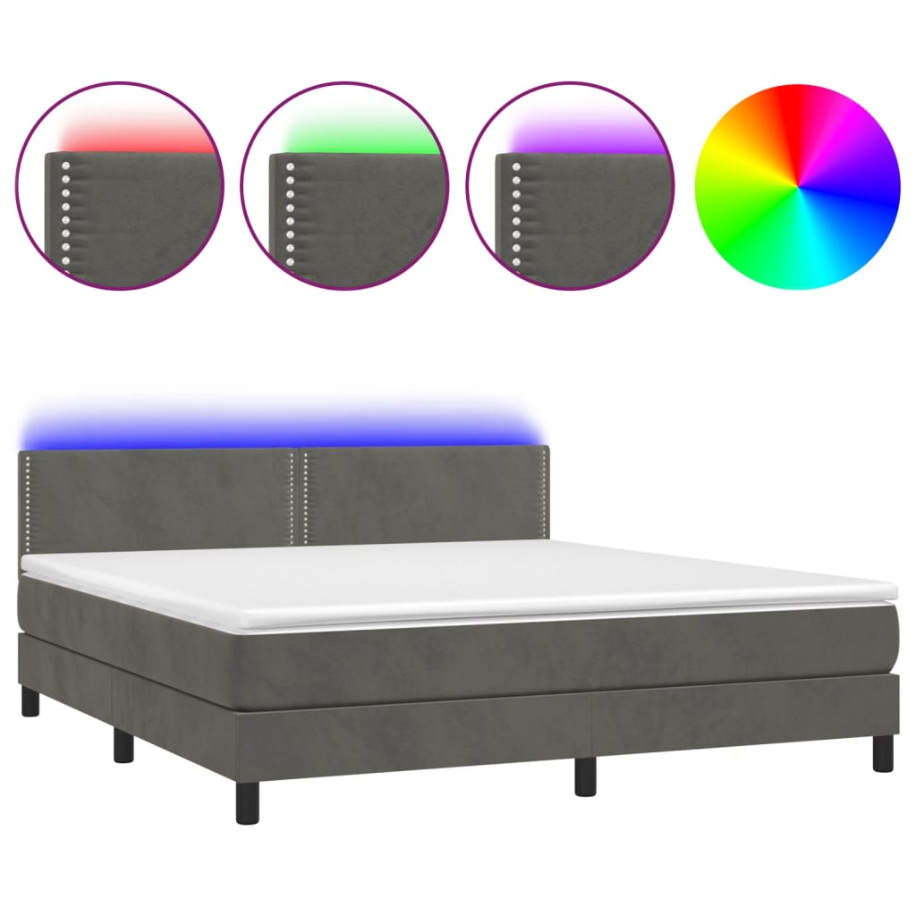sötétszürke bársony rugós és LED-es ágy matraccal 180x200 cm