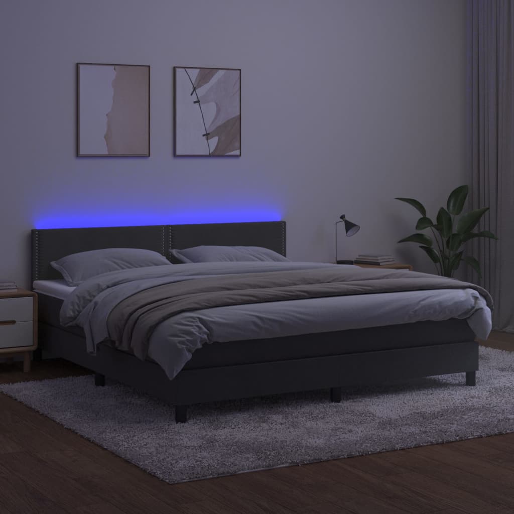 sötétszürke bársony rugós és LED-es ágy matraccal 180x200 cm