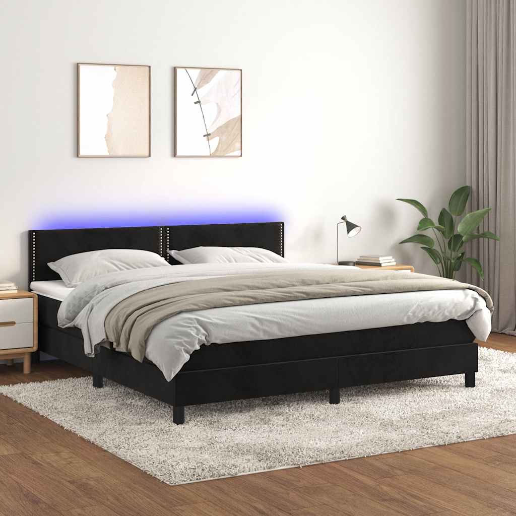 fekete bársony rugós és LED-es ágy matraccal 180x200 cm