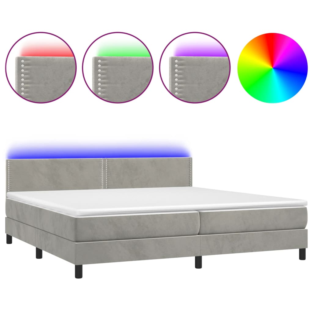 világosszürke bársony rugós és LED-es ágy matraccal 200x200 cm