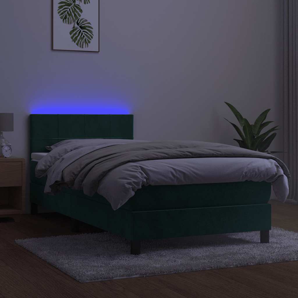 sötétzöld bársony rugós és LED-es ágy matraccal 80 x 200 cm