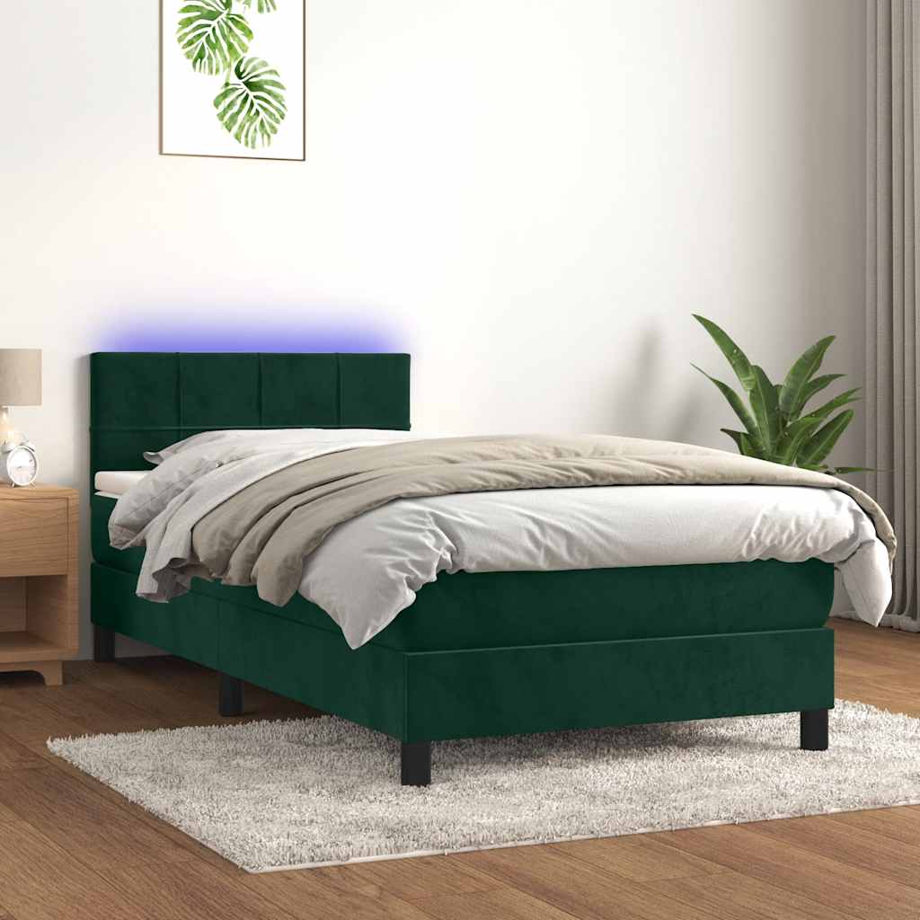 sötétzöld bársony rugós és LED-es ágy matraccal 80 x 200 cm