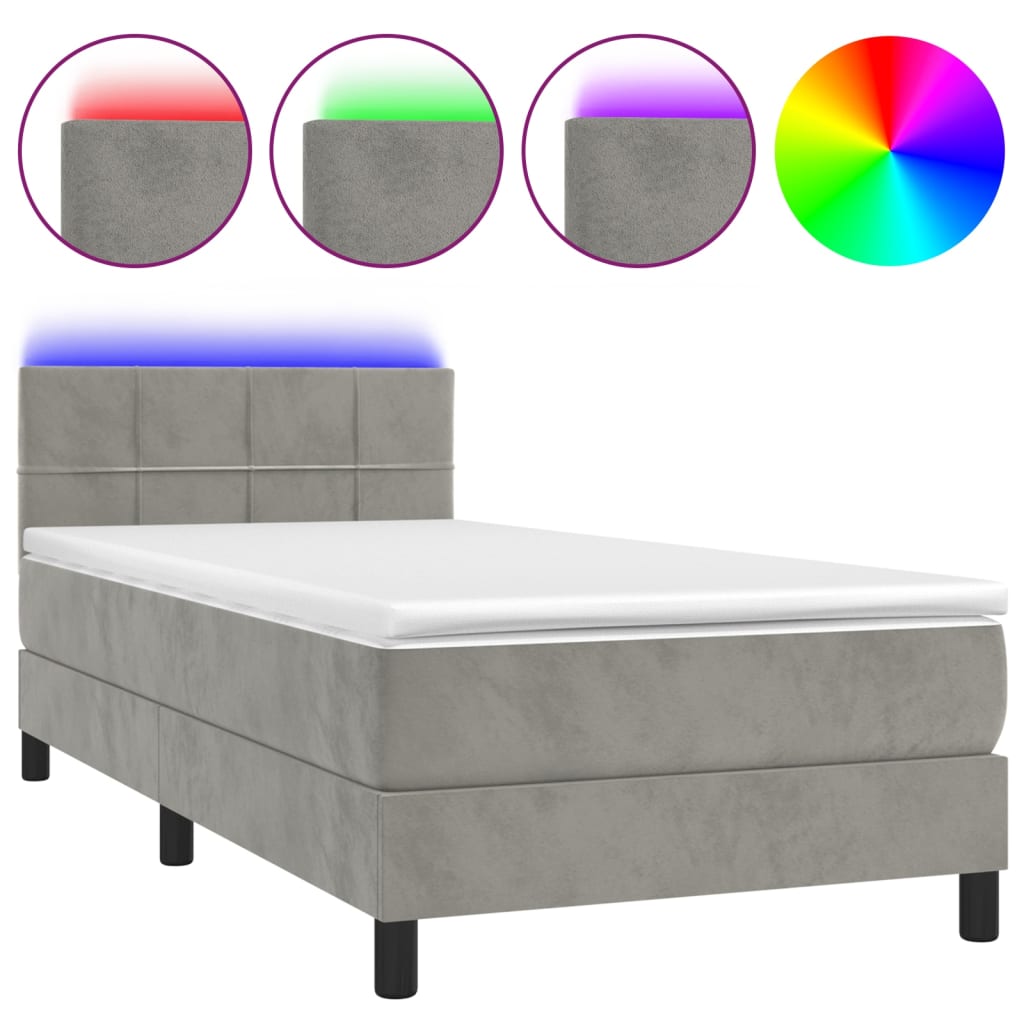 világosszürke bársony rugós és LED-es ágy matraccal 90x190 cm