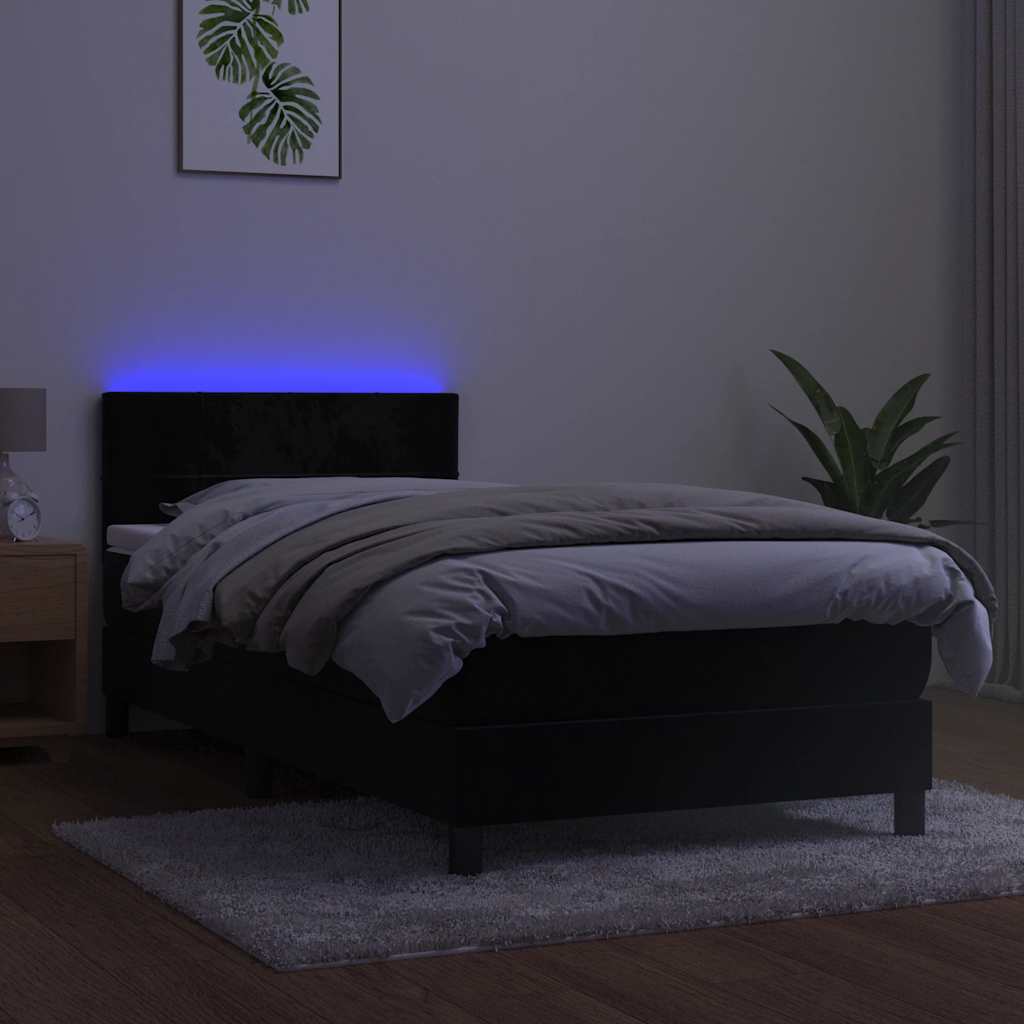 fekete bársony rugós és LED-es ágy matraccal 90x190 cm