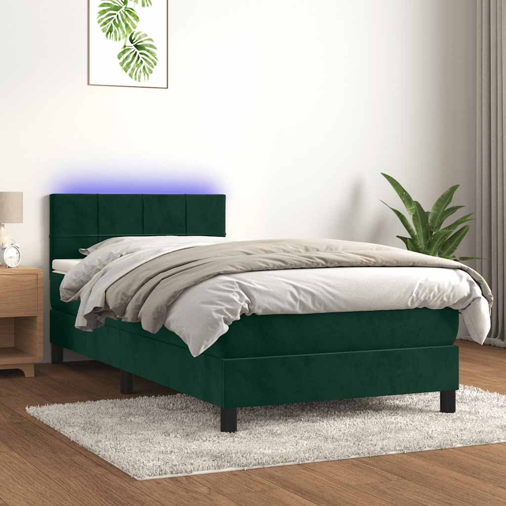 sötétzöld bársony rugós és LED-es ágy matraccal 90x190 cm