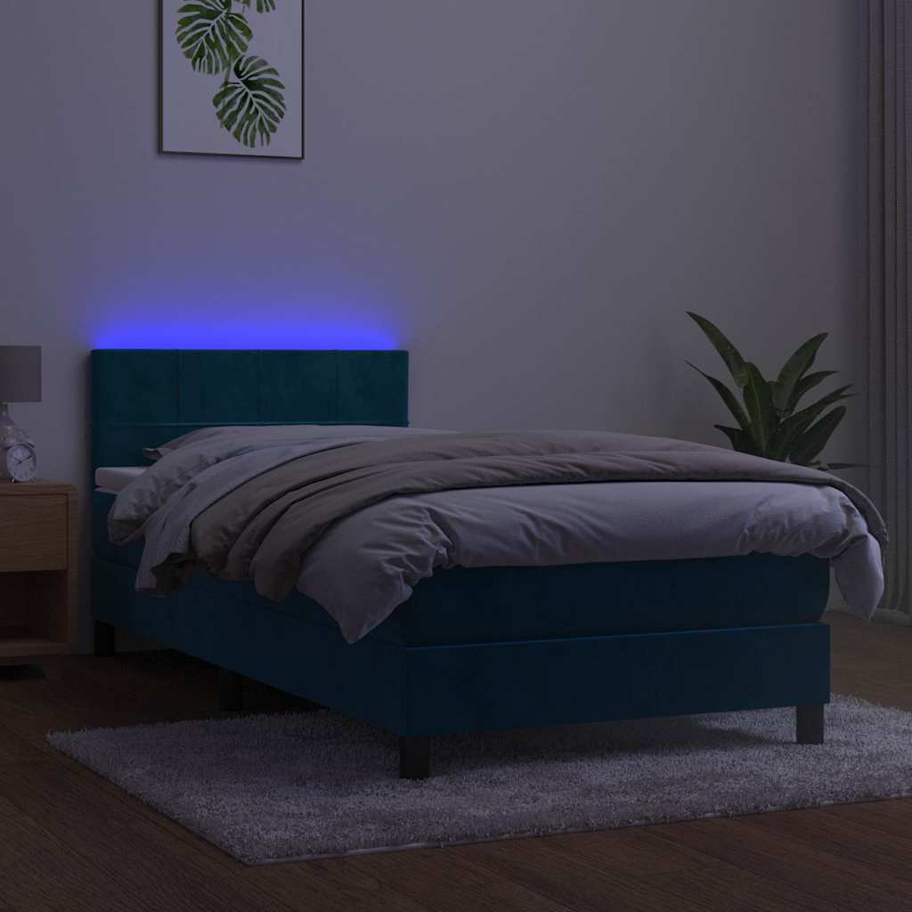 sötétkék bársony rugós és LED-es ágy matraccal 90x190 cm