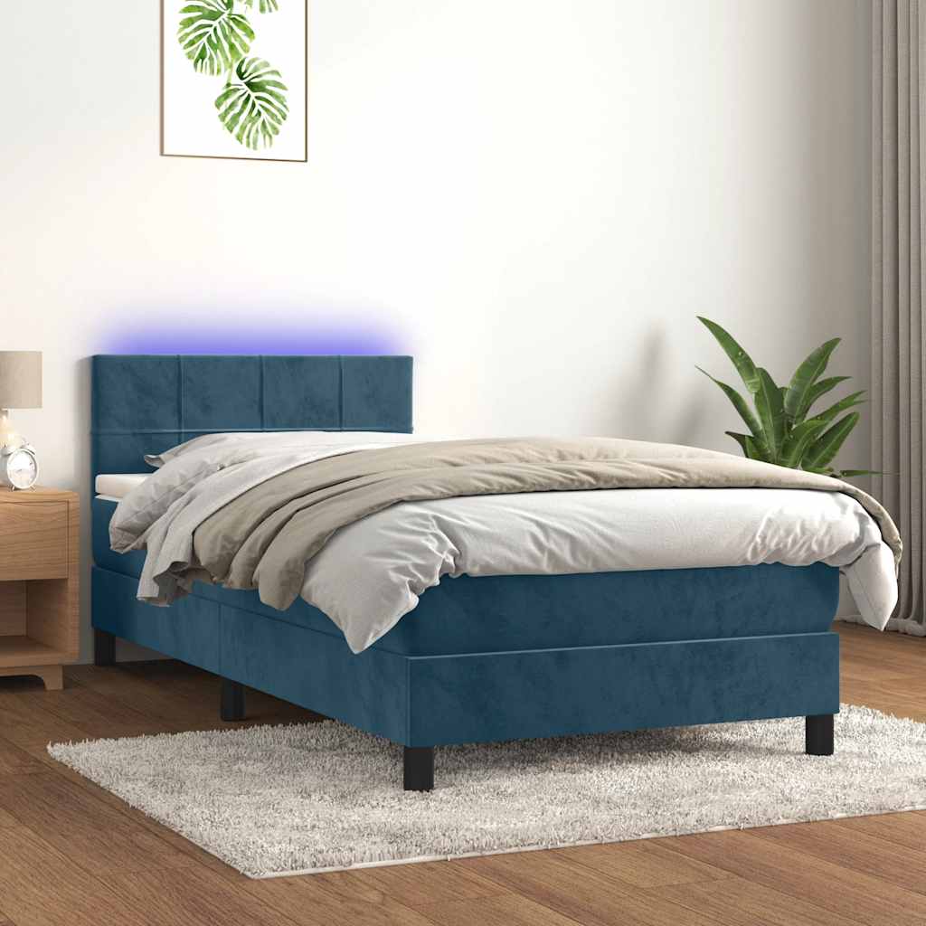 sötétkék bársony rugós és LED-es ágy matraccal 90x190 cm