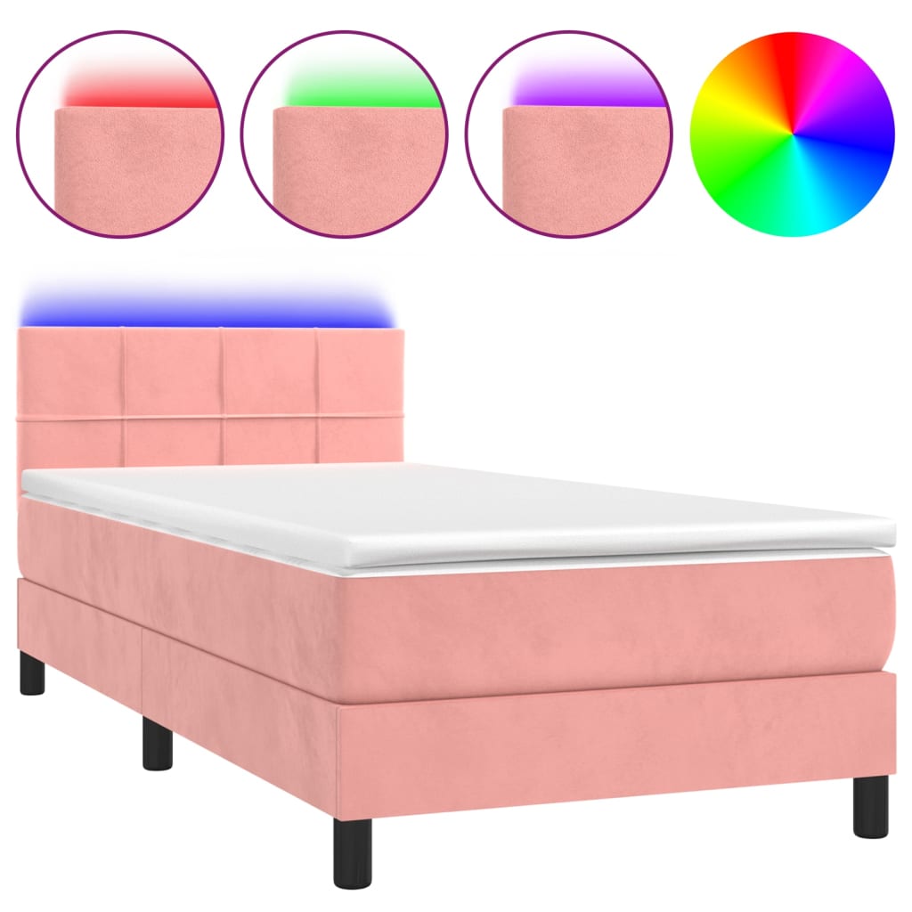 rózsaszín bársony rugós és LED-es ágy matraccal 90x190 cm
