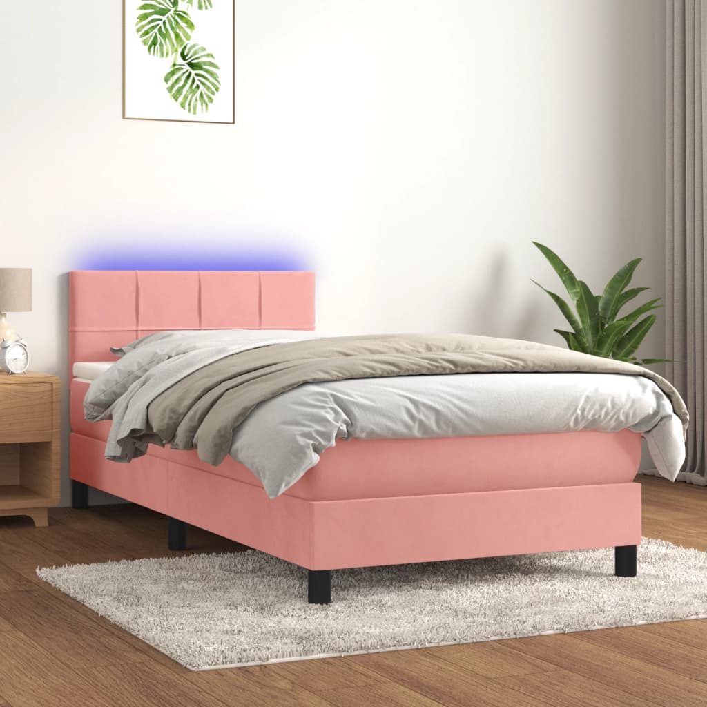 rózsaszín bársony rugós és LED-es ágy matraccal 90x190 cm