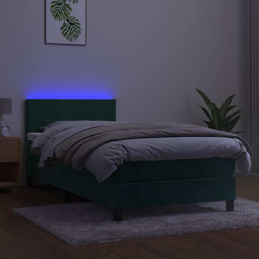 sötétzöld bársony rugós és LED-es ágy matraccal 90x200 cm