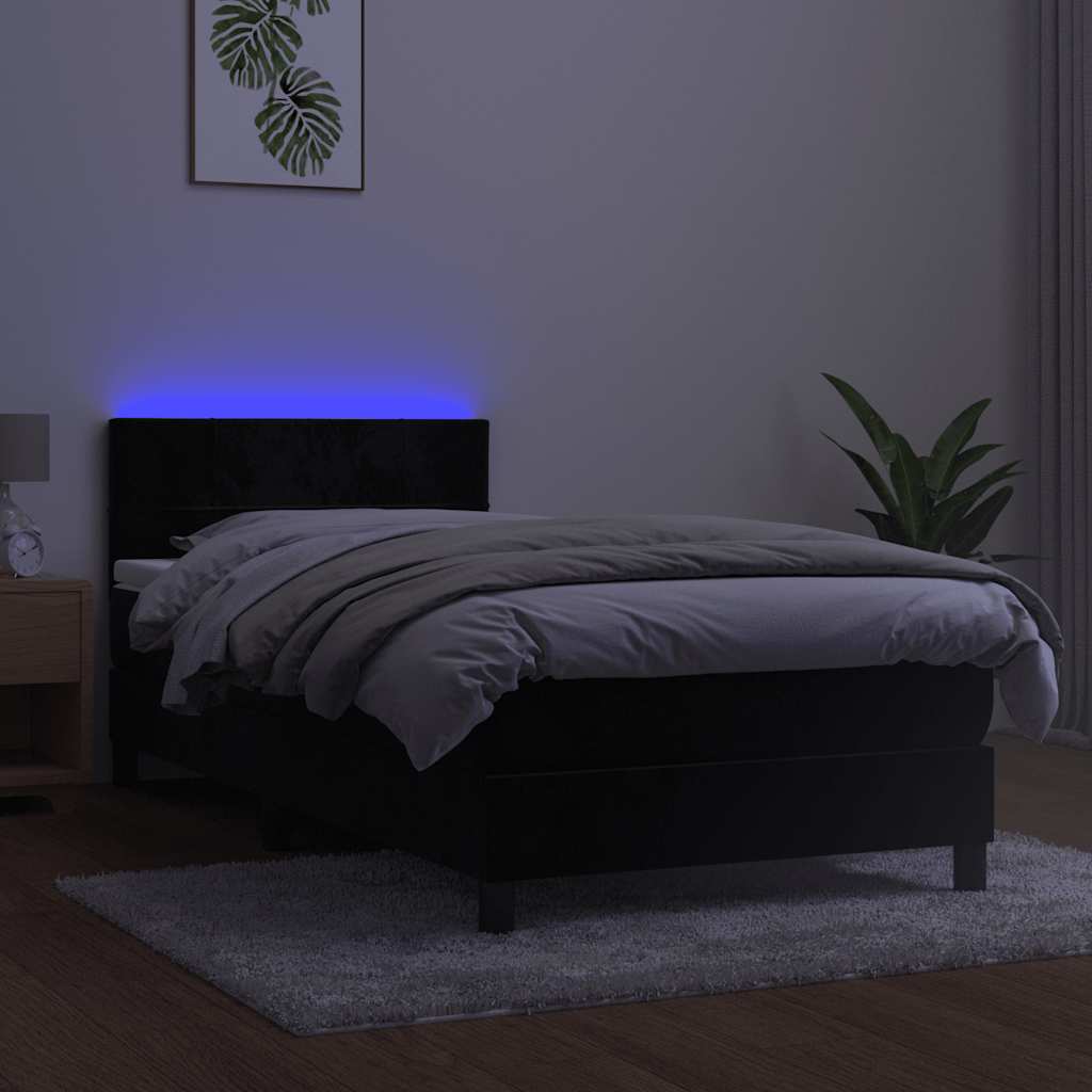fekete bársony rugós és LED-es ágy matraccal 100x200 cm